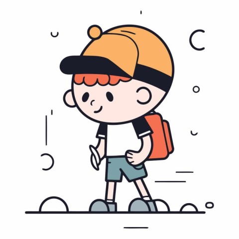 Cute boy with backpack and cap in linear style.