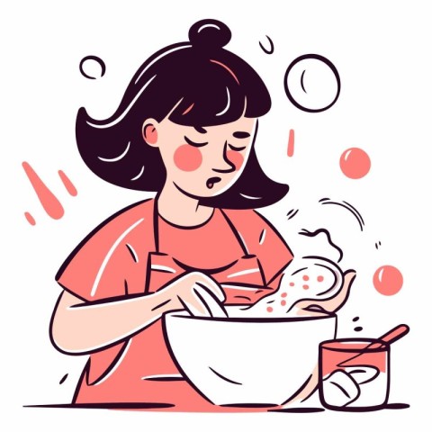 Vector illustration of a woman in a red apron mixing dough.