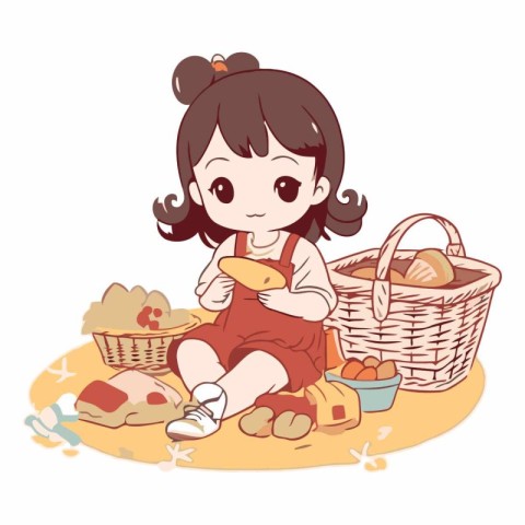 Illustration of a Cute Little Girl Playing with Her Food in a Ba