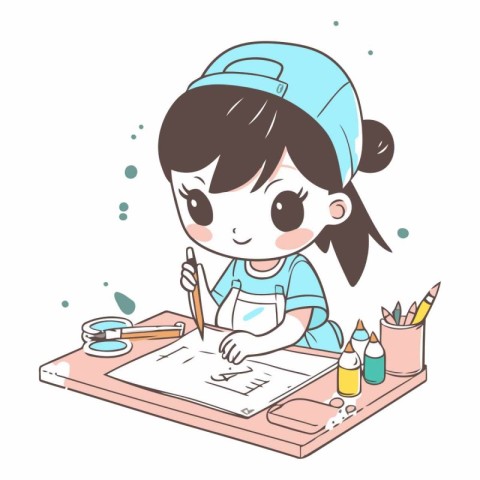 Illustration of a Cute Girl Drawing on a Paper with Pencils