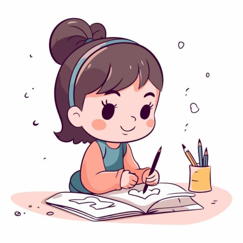 Cute girl drawing with pencils in cartoon style.