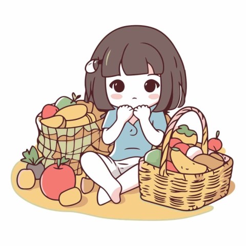 Illustration of a little girl sitting on the floor with a basket