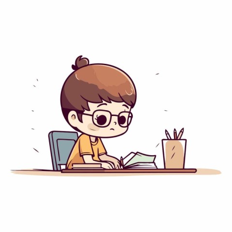 Cute little boy studying at his desk. Vector cartoon illustratio