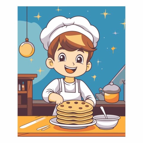 Cute boy chef cooking pancakes in kitchen cartoon vector illustr