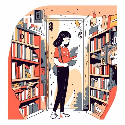 Vector illustration of a girl standing in front of a bookcase wi