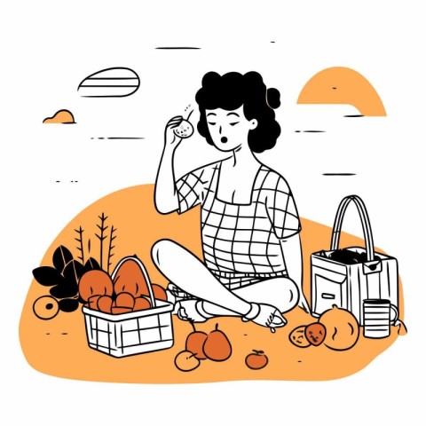 Vector illustration of a girl with a basket of fruits and vegeta