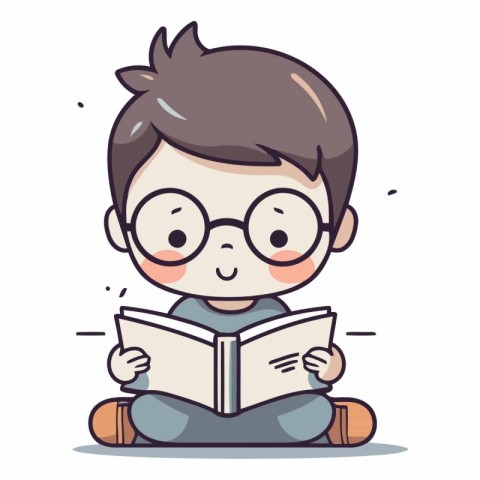 Cute boy reading a book in cartoon style.