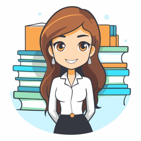 Cute Girl Student with Books Vector Illustration in Flat Design