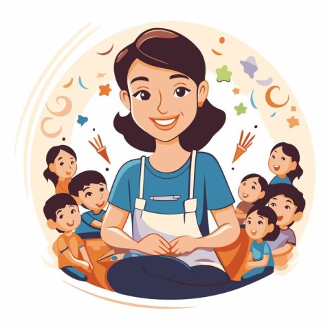 Mother with her children in a flat style. The concept of a happy