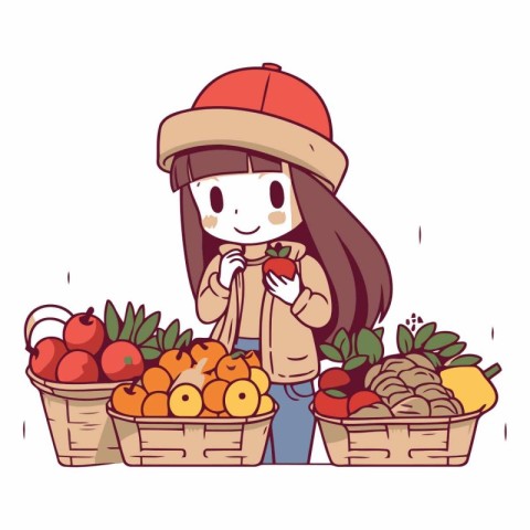 Girl shopping at the market holding a basket of fresh fruits and