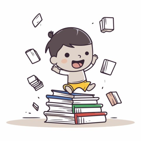 Cute little boy with pile of books. Vector cartoon illustration.