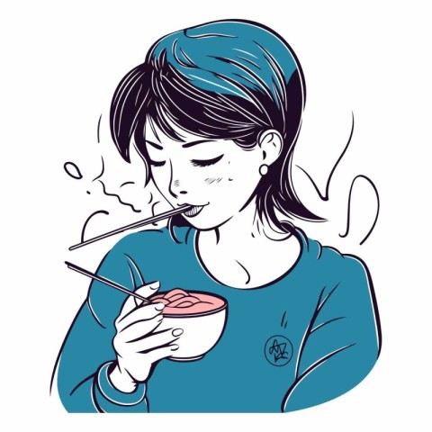 Young woman eating a bowl of noodle in cartoon style.