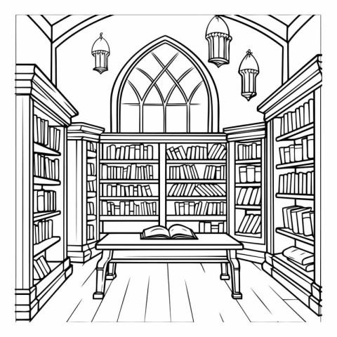 Bookshelf with books. Black and white illustration for coloring