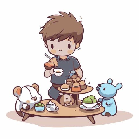 Boy eating at the table with his friends. Vector cartoon illustr