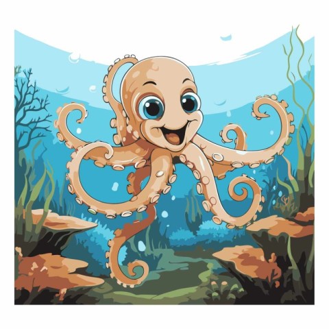 Cute cartoon octopus on the seabed