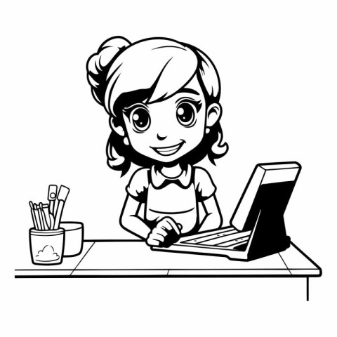 Schoolgirl using laptop at desk. Black and white vector illustra