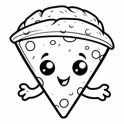 Black And White Cartoon Illustration of a Slice of Pizza Charact