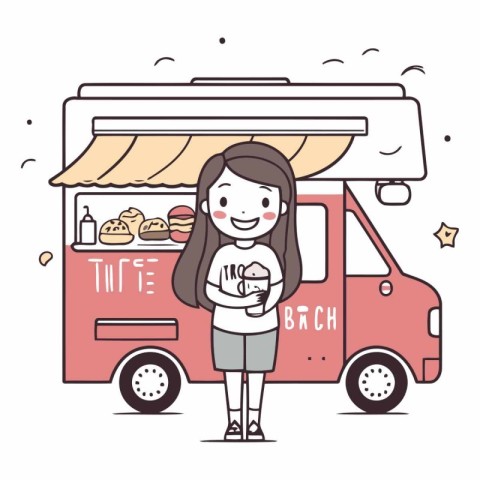 Cute girl with ice cream truck in cartoon style.