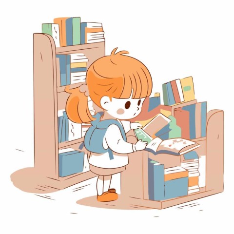 Vector illustration of a little girl reading a book in the libra