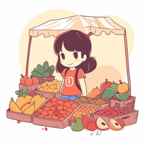 Cute little girl buying fruits and vegetables at market.