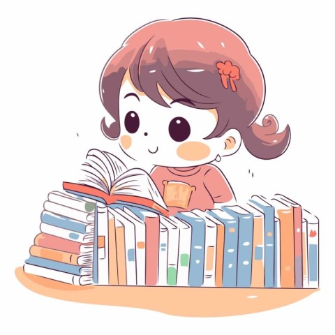 Illustration of a Cute Girl Reading a Book in a Library