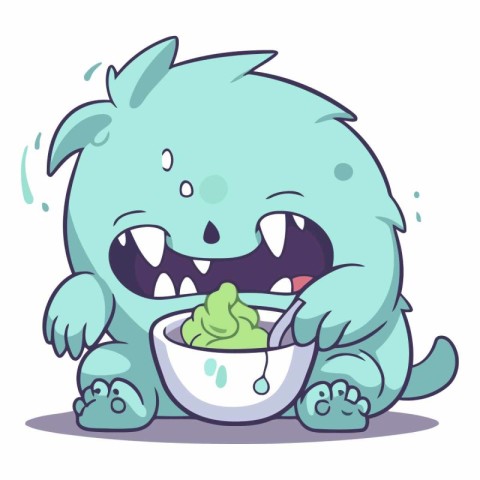 Illustration of a Cute Monster Eating a Bowl of Yogurt