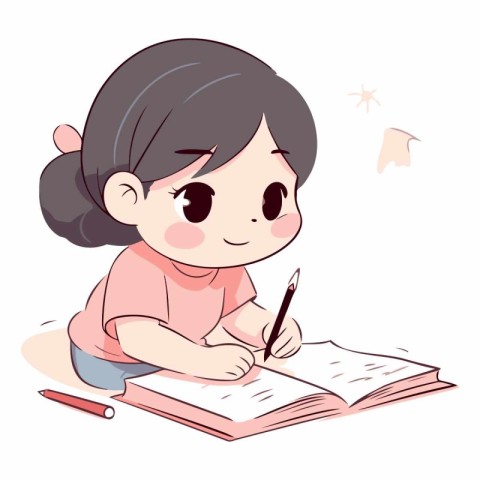 Illustration of a Cute Little Girl Doing Her Homework.