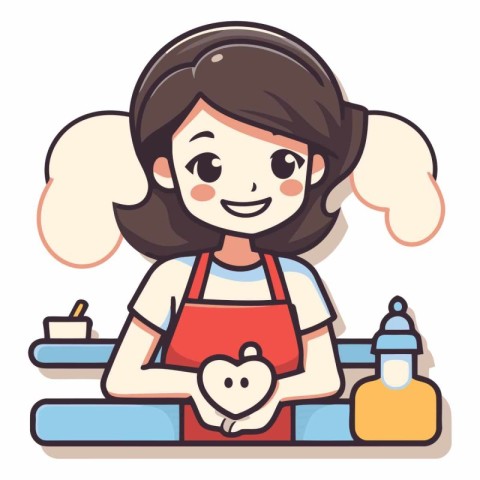 Cute cartoon girl cooking in the kitchen. Vector flat illustrati