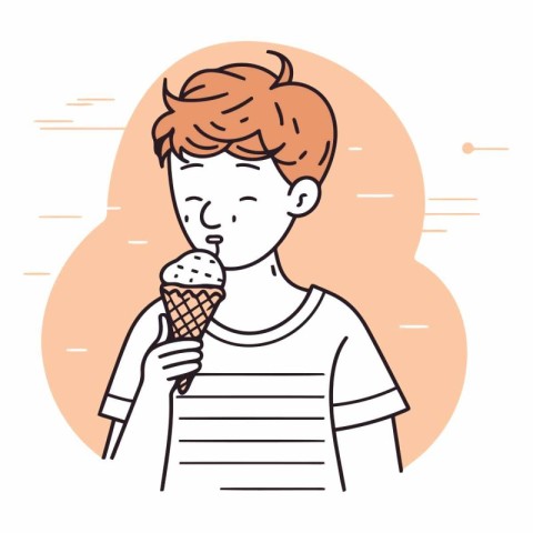 Cute boy with ice cream in linear style.