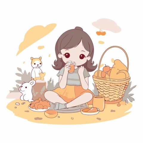 Cute little girl sitting on the grass with a basket of food