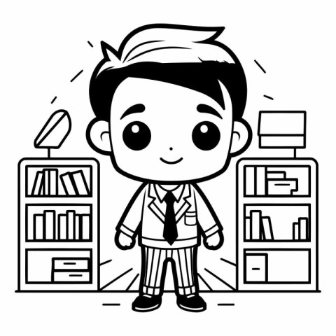 Vector illustration of a businessman standing in front of booksh