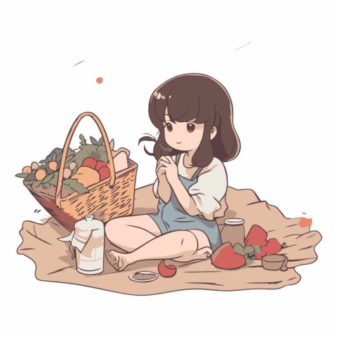 Girl sitting on the ground with basket of strawberries and juice