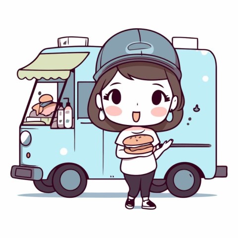 Illustration of a young woman in front of a food truck.