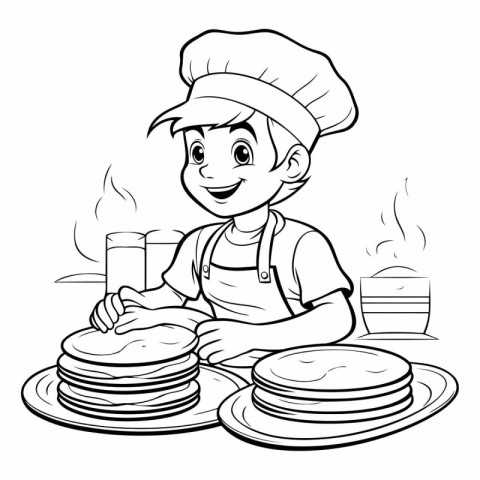 Black and White Cartoon Illustration of Little Boy Chef with Sta