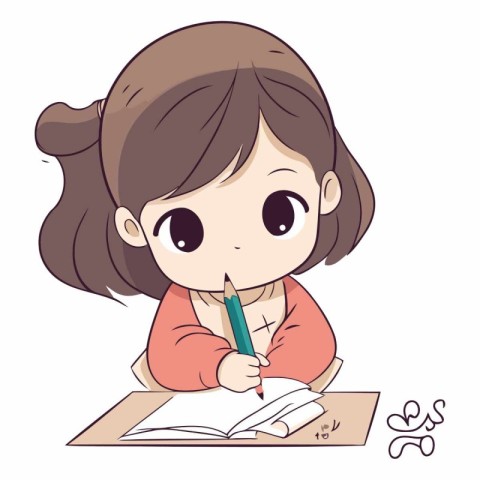 Illustration of a Cute Little Girl Doing Her Homework.