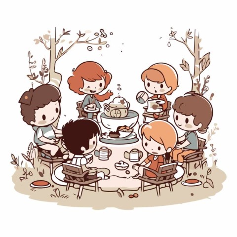 Children eating at a table in the garden of children having a me