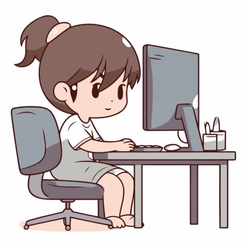 Girl sitting at desk and working on computer. Vector cartoon ill