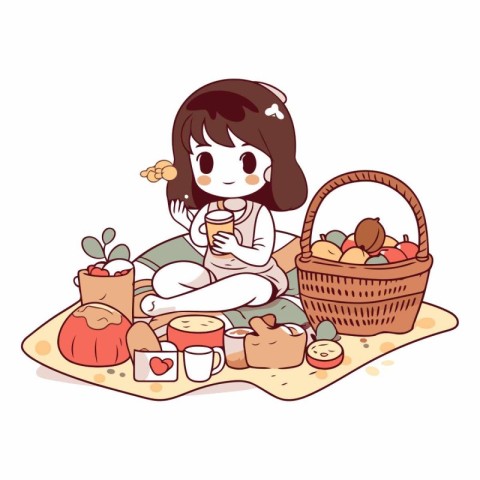 Girl sitting on the sand with a basket full of food and cookies