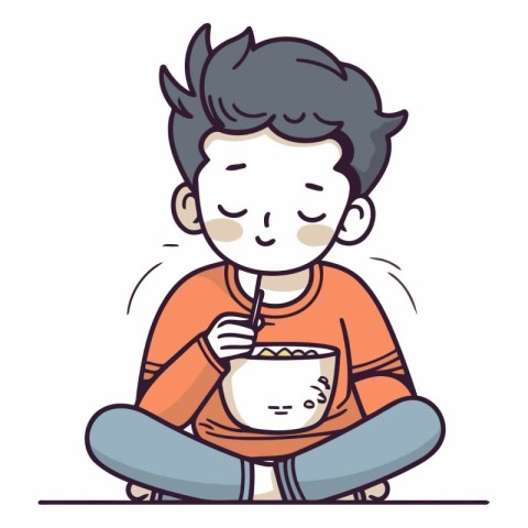 Illustration of a boy eating cereals with a bowl of milk