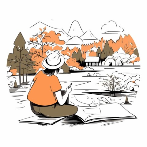 Girl reading a book in the park. Vector hand drawn illustration.