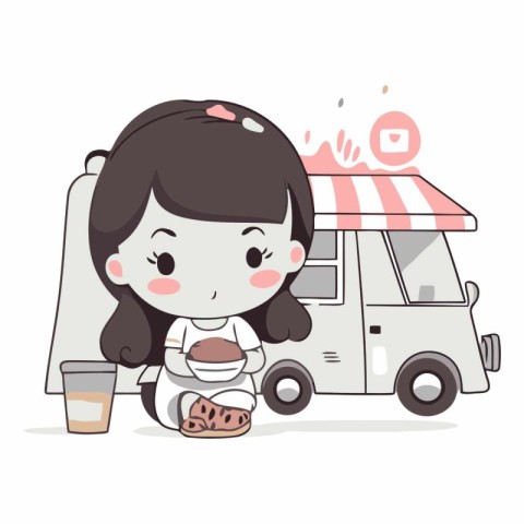 Illustration of a woman and a food truck with a cup of coffee