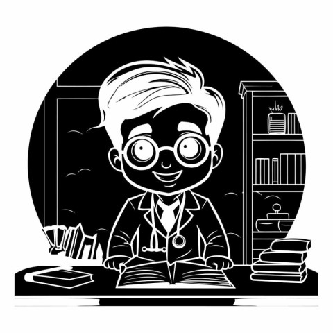 Vector illustration of a boy in glasses reading a book at home.