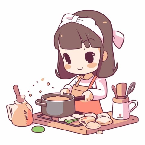 Illustration of a cute little girl cooking in the kitchen - Vect