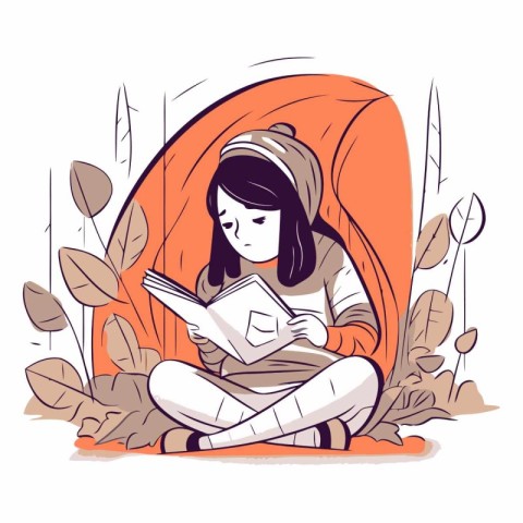 Vector illustration of a girl reading a book in the autumn park.