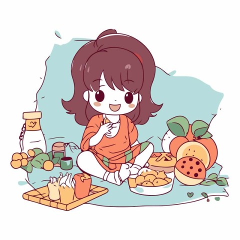 Illustration of a cute little girl sitting on the floor and eati