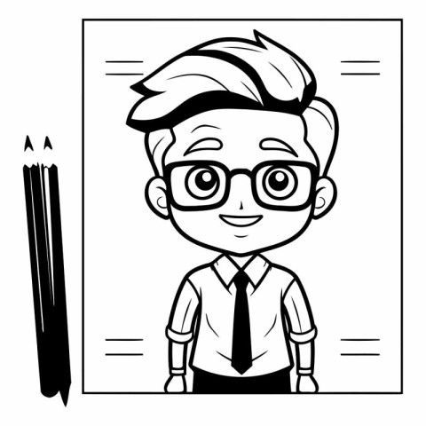 Black and White Cartoon Illustration of Little Boy Student with