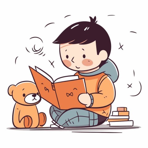 Boy reading a book with teddy bear in cartoon style.