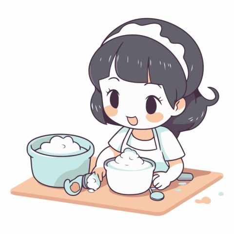 Illustration of a cute little girl who is cooking in the kitchen