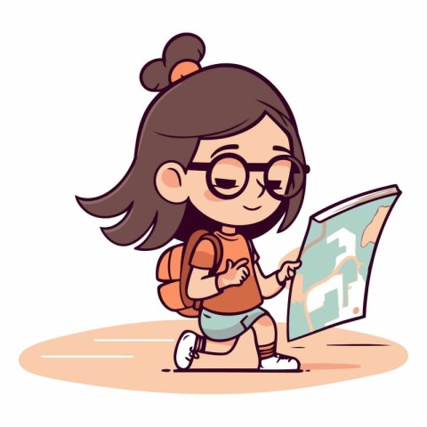 Cute little schoolgirl with backpack and map.