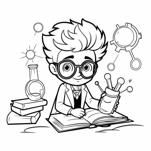 Geeky nerd boy with books for coloring book.